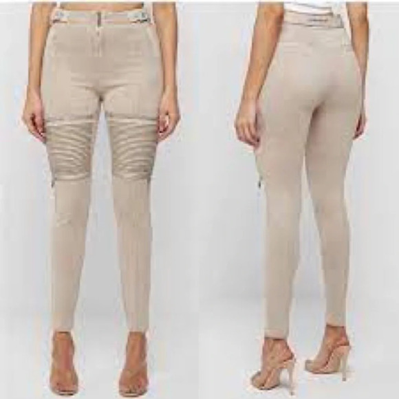 Manière De Voir Ribbed Vegan Suede Moto Leggings Pants Light Beige Y2K sz 8 NWT - Picture 2 of 5
